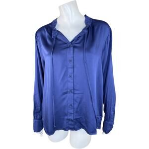 Side Stitch Button Down Top‎ with Ruffle Neck Saphhire Stone Medium NWOT